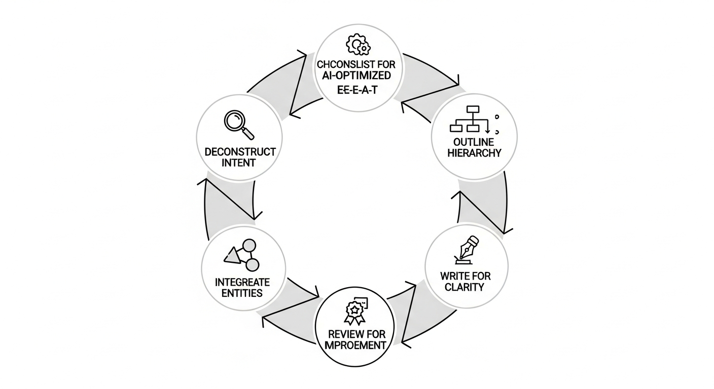 A clean, five-step circular flow diagram illustrating the 'Checklist for AI-Optimized Content'. Each step (Deconstruct Intent, Outline Hierarchy, Write for Clarity, Integrate Entities, Review for E-E-A-T) is a segment of the circle with a simple icon, showing a continuous improvement loop.