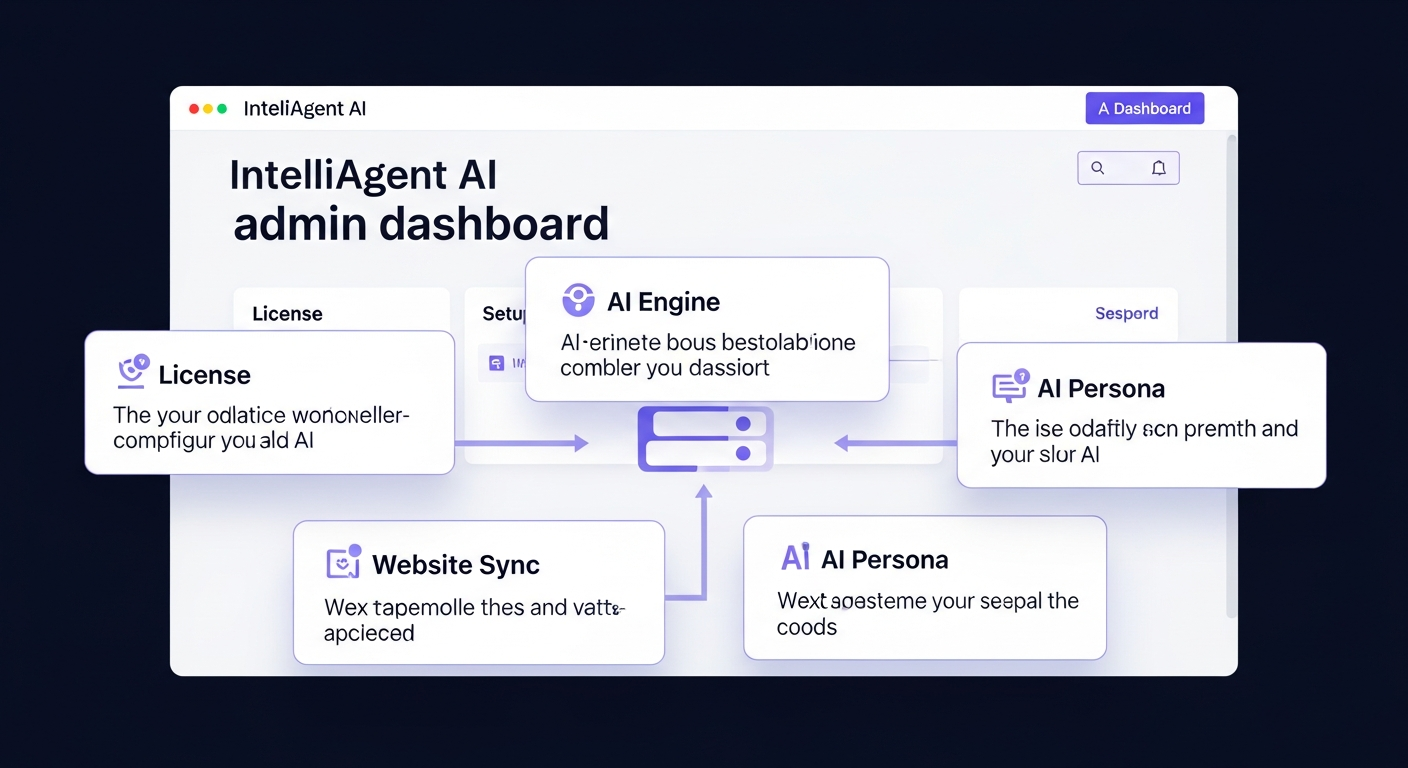 A clear screenshot of the IntelliAgent AI admin dashboard, highlighting the main sections: License, AI Engine, Website Sync, and AI Persona. Use callout boxes to label each section and its primary function, illustrating the setup flow visually.