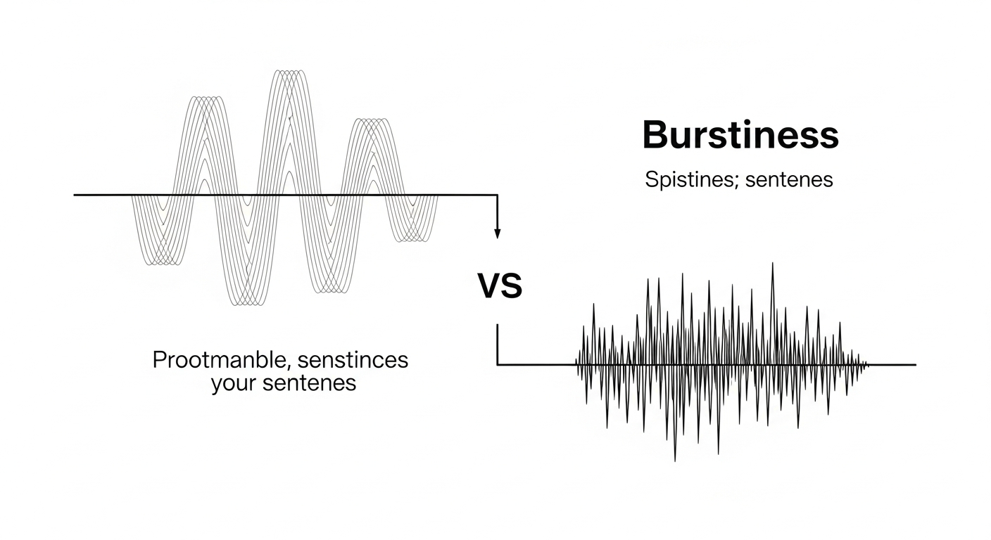 A clean, minimalist diagram comparing two sentences. One, labeled 'Low Perplexity (AI-like),' has a smooth, predictable wave. The other, labeled 'High Perplexity (Human-like),' has a spiky, varied wave, illustrating the concept of burstiness.