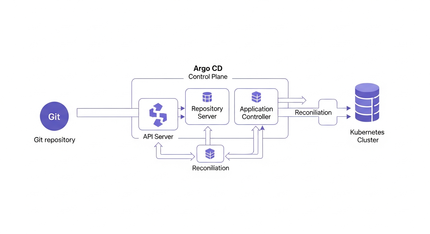 A technical architecture diagram of Argo CD. The diagram should show a Git repository on the left labeled "Desired State." Arrows flow from Git to the "Argo CD Control Plane" in the center, which contains three boxes: "API Server," "Repository Server," and "Application Controller." The Repository Server has an arrow pointing from the Git repo. The Application Controller has arrows pointing to a Kubernetes Cluster on the right, labeled "Live State." A feedback loop arrow goes from the Kubernetes Cluster back to the Application Controller, illustrating the reconciliation process.