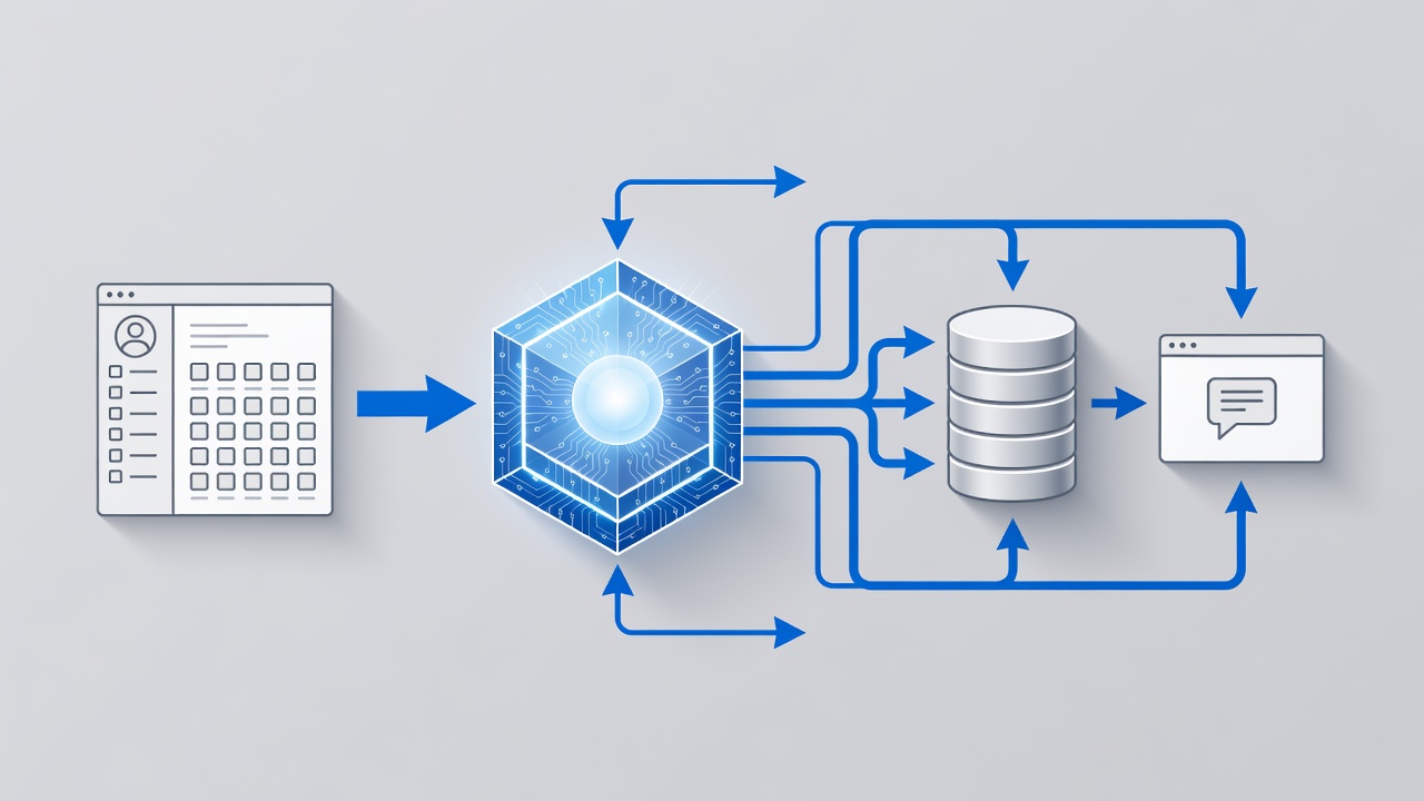 Clean technical diagram showing IntelliAgent AI plugin architecture connecting WordPress dashboard, WooCommerce product database, and live customer chat interface with reasoning engine flow arrows