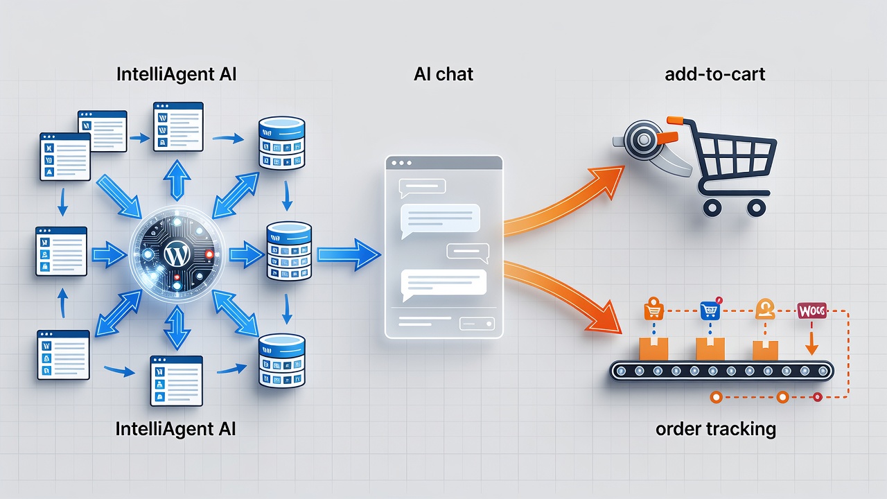 Clean technical diagram showing IntelliAgent AI scanning WordPress pages and WooCommerce product data to power an AI chat interface with add-to-cart and order tracking flows