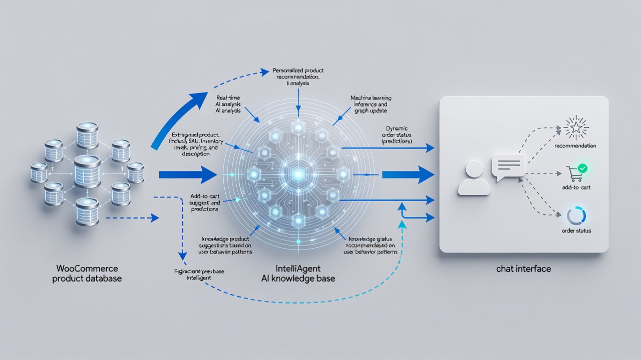 Clean technical diagram showing the data flow from WooCommerce product database through the IntelliAgent AI knowledge base to the chat interface, with arrows indicating product recommendations, add-to-cart triggers, and order status responses