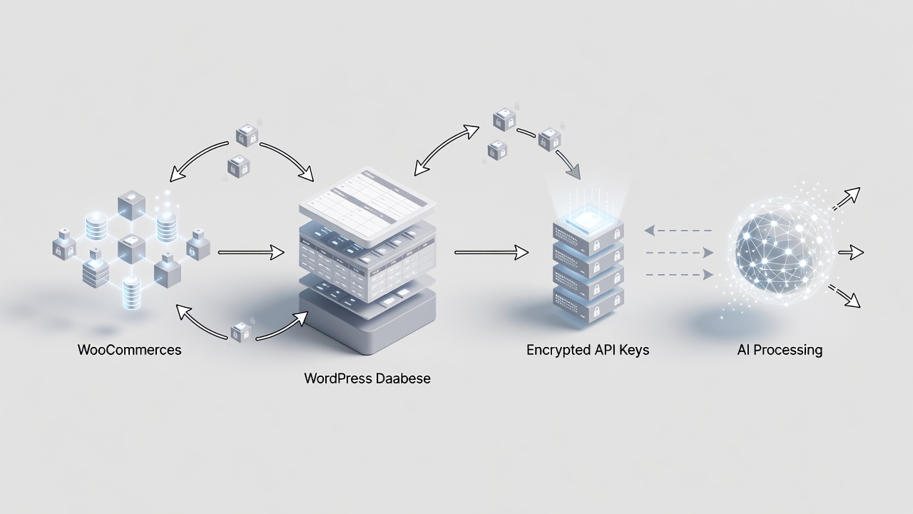 Clean technical diagram showing WooCommerce product data flowing into local WordPress database then to encrypted API keys for AI processing with return path for recommendations