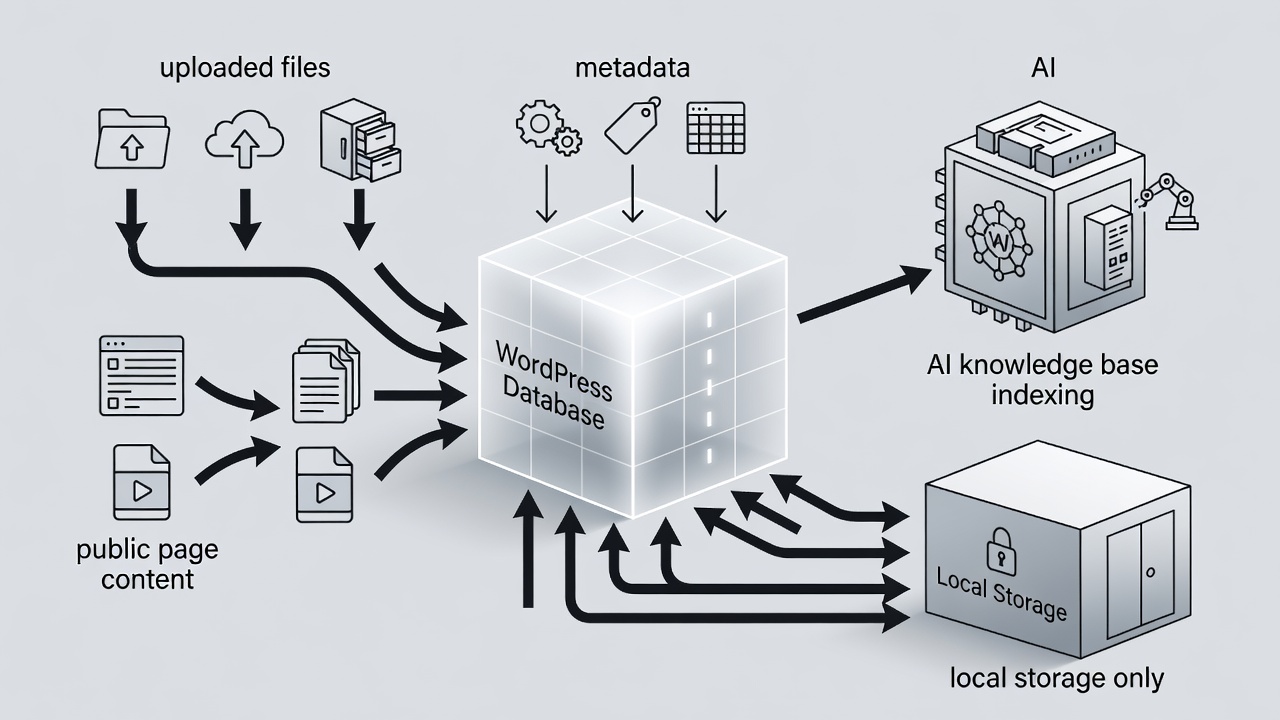 Clean technical diagram showing WordPress database receiving public page content, uploaded files, and metadata for AI knowledge base indexing with arrows indicating local storage only
