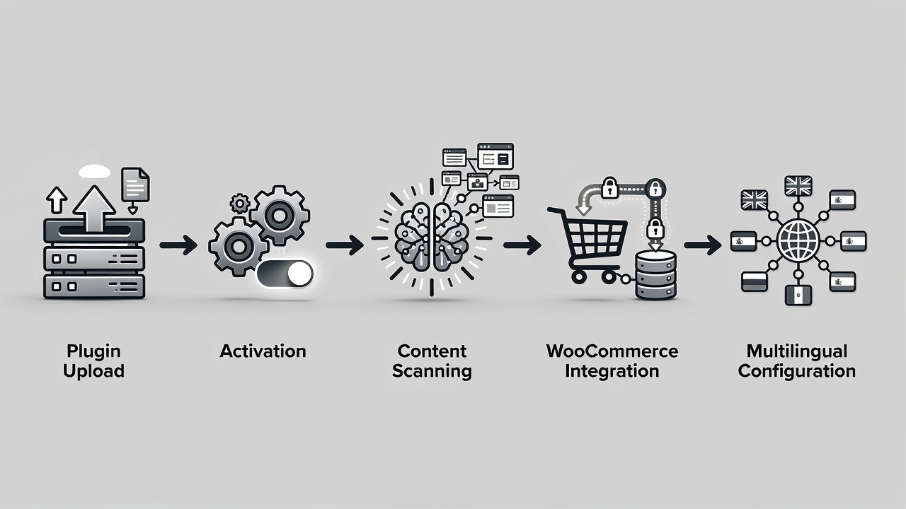 Clean technical flowchart diagram showing the sequential stages of WordPress AI sales agent setup including plugin upload, activation, content scanning, WooCommerce integration, and multilingual configuration with directional arrows between each stage.