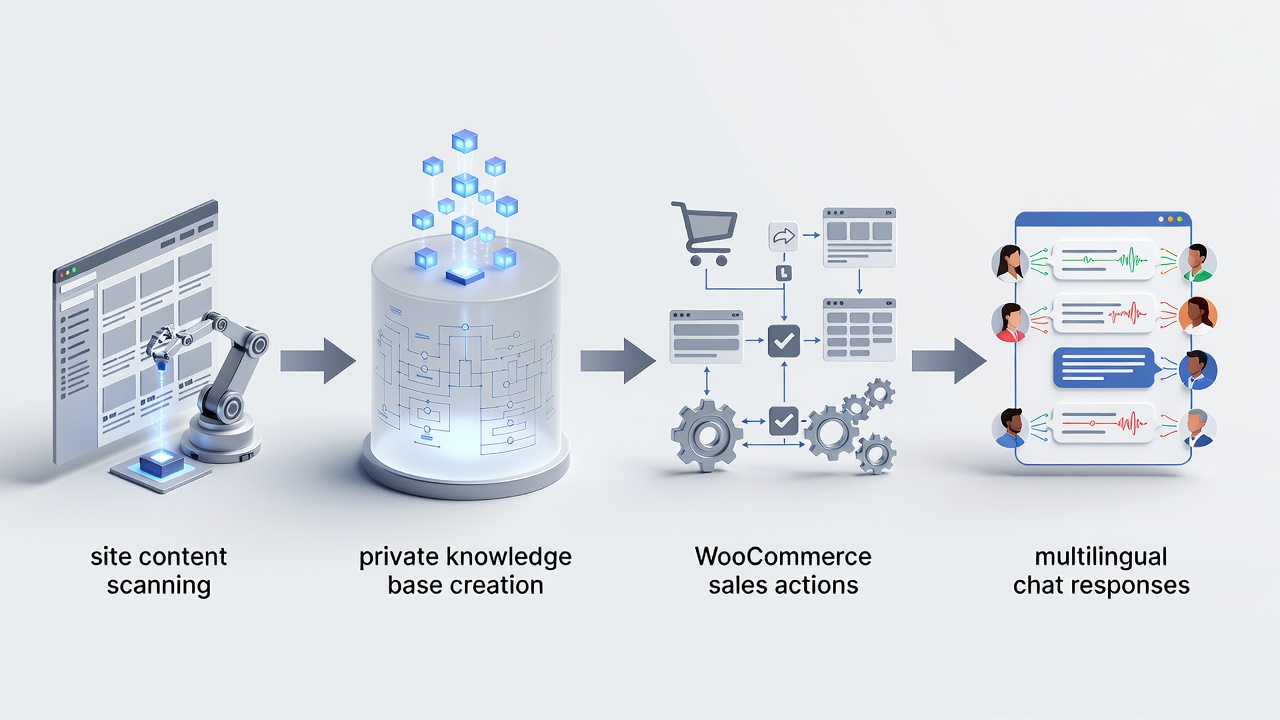 Clean technical flowchart illustrating the WordPress AI assistant plugin data flow from site content scanning through private knowledge base creation to WooCommerce sales actions and multilingual chat responses