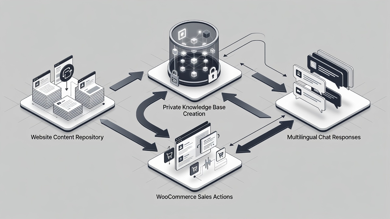 Clean technical flowchart showing the WordPress AI assistant plugin data flow from site content scanning through private knowledge base creation to WooCommerce sales actions and multilingual chat responses