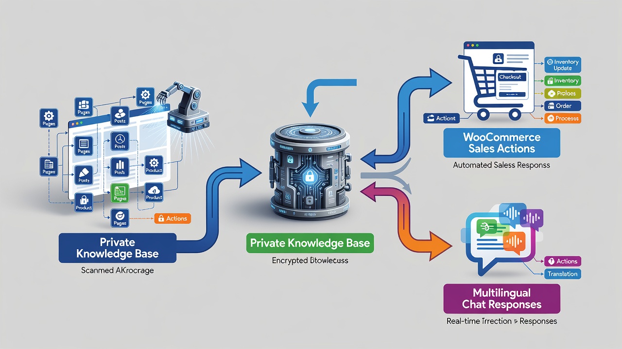 Clean technical flowchart showing the WordPress AI assistant plugin data flow from site content scanning through private knowledge base creation to WooCommerce sales actions and multilingual chat responses
