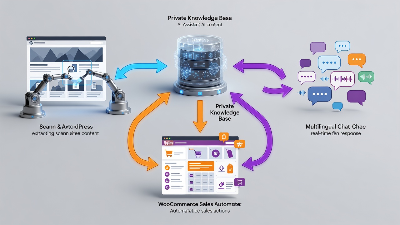 Clean technical flowchart showing the WordPress AI assistant plugin data flow from site content scanning through private knowledge base creation to WooCommerce sales actions and multilingual chat responses