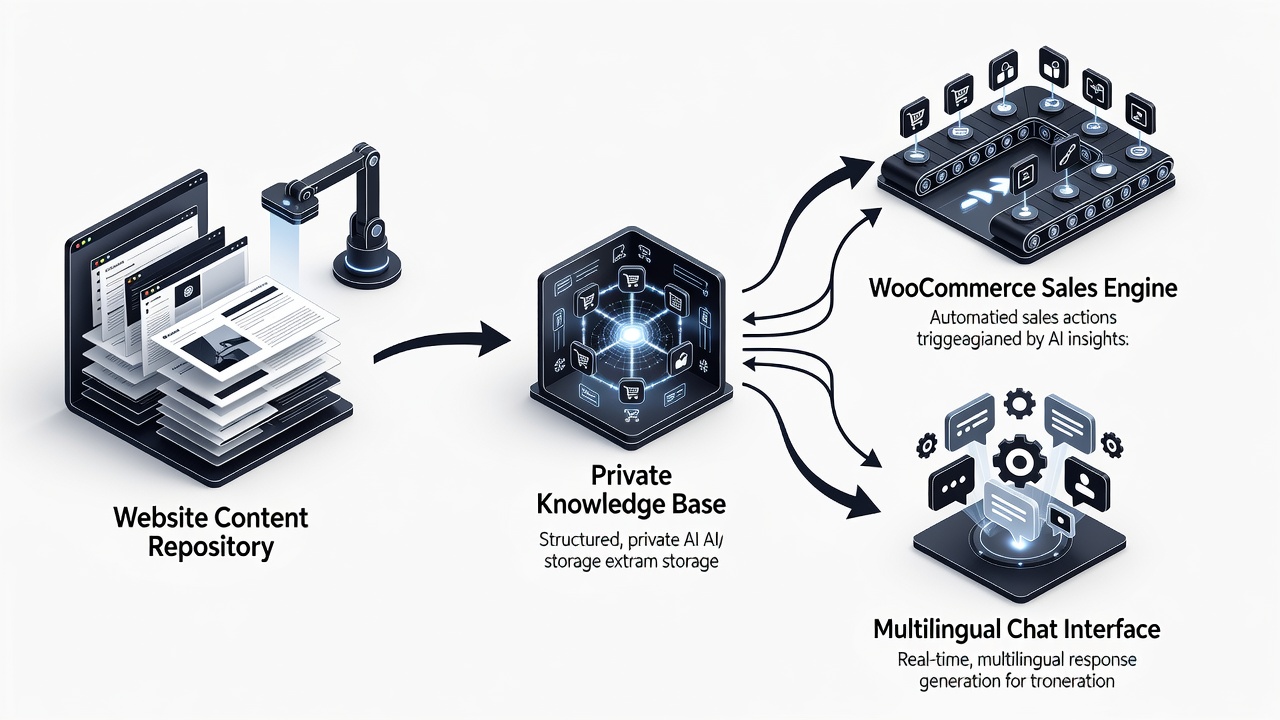 Clean technical flowchart showing the WordPress AI assistant plugin data flow from site content scanning through private knowledge base creation to WooCommerce sales actions and multilingual chat responses