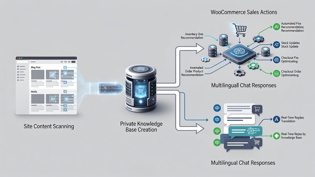 Clean technical flowchart showing the WordPress AI assistant plugin data flow from site content scanning through private knowledge base creation to WooCommerce sales actions and multilingual chat responses