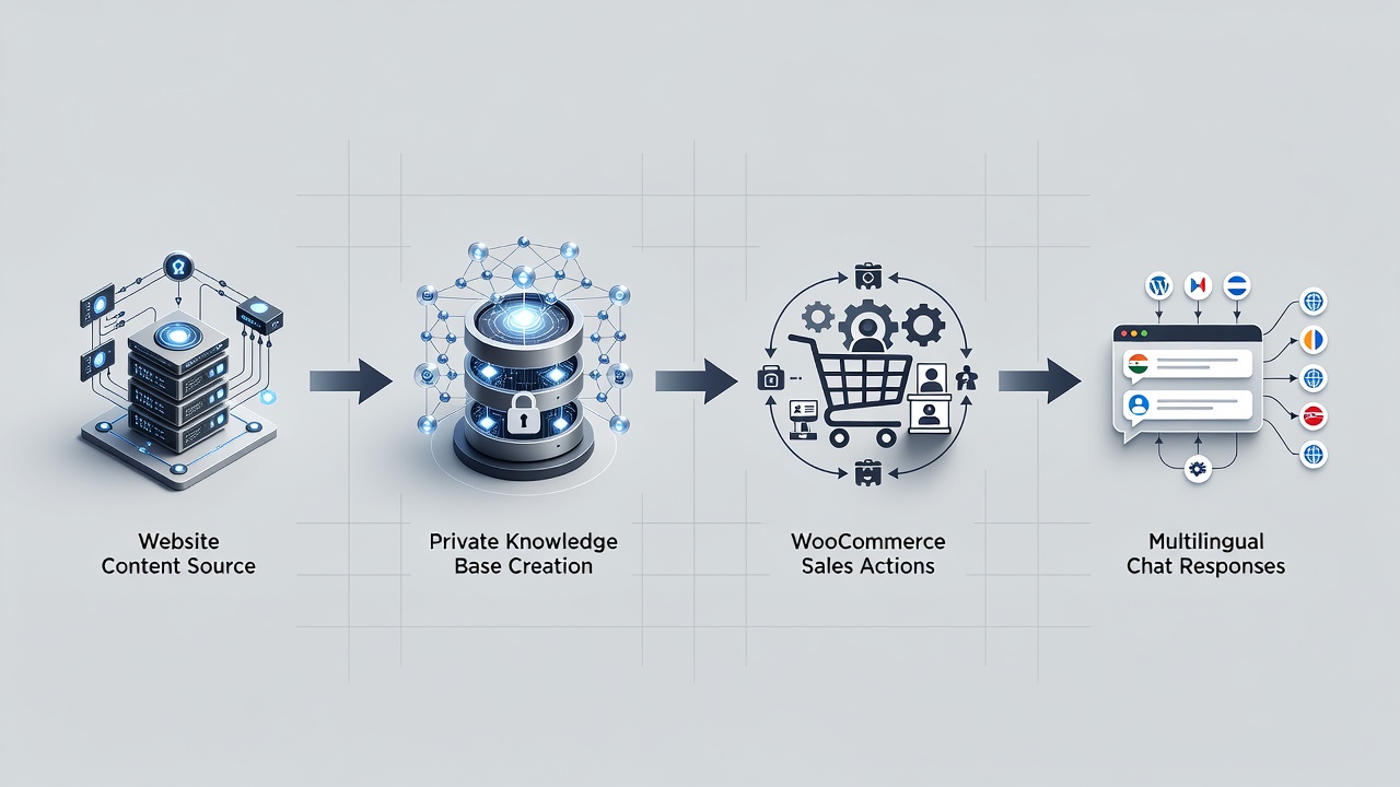 Clean technical flowchart showing the WordPress AI assistant plugin data flow from site content scanning through private knowledge base creation to WooCommerce sales actions and multilingual chat responses