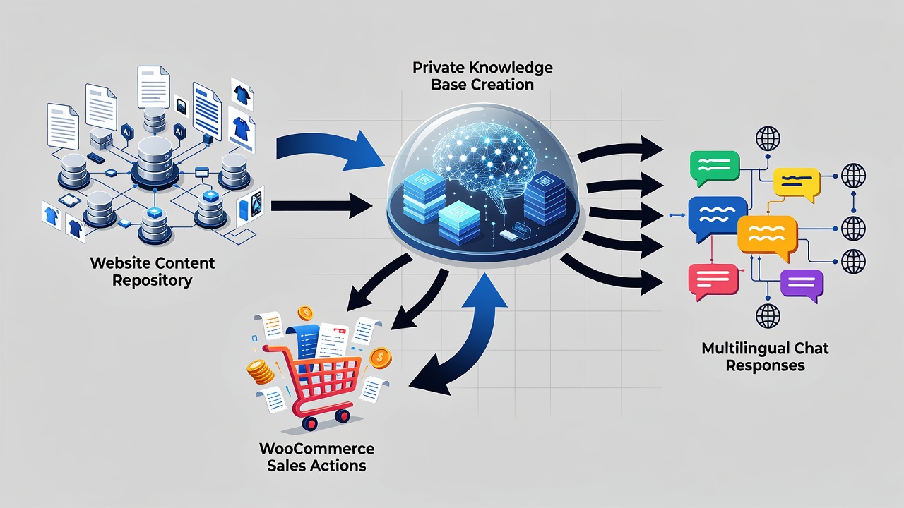 Clean technical flowchart showing the WordPress AI assistant plugin data flow from site content scanning through private knowledge base creation to WooCommerce sales actions and multilingual chat responses