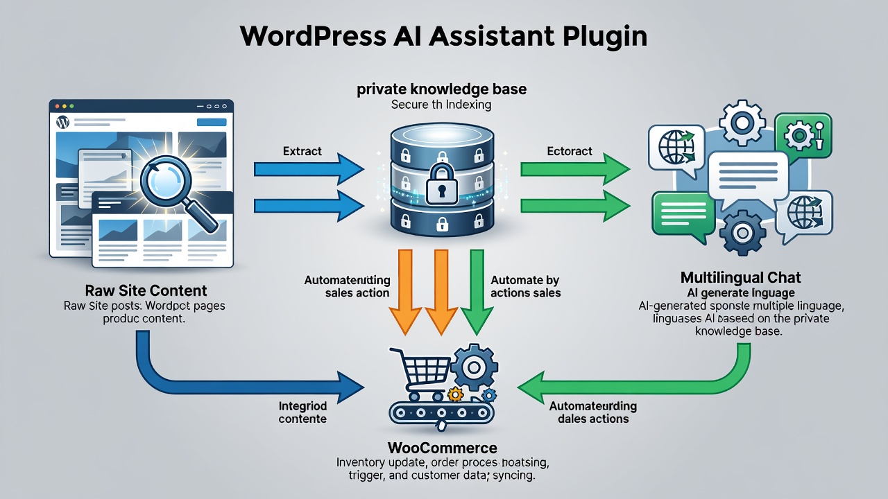 Clean technical flowchart showing the WordPress AI assistant plugin data flow from site content scanning through private knowledge base creation to WooCommerce sales actions and multilingual chat responses