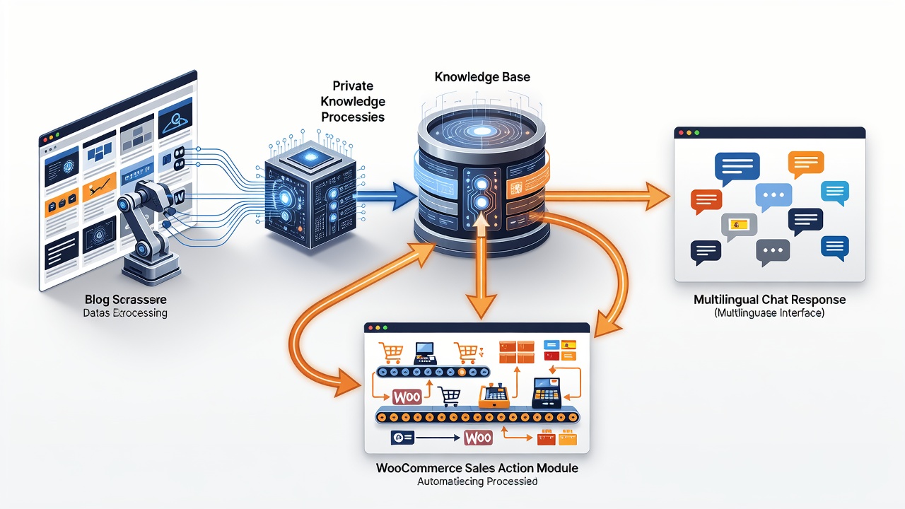 Clean technical flowchart showing the WordPress AI assistant plugin data flow from site content scanning through private knowledge base creation to WooCommerce sales actions and multilingual chat responses