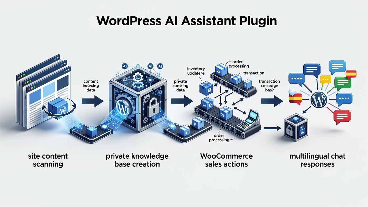 Clean technical flowchart showing the WordPress AI assistant plugin data flow from site content scanning through private knowledge base creation to WooCommerce sales actions and multilingual chat responses