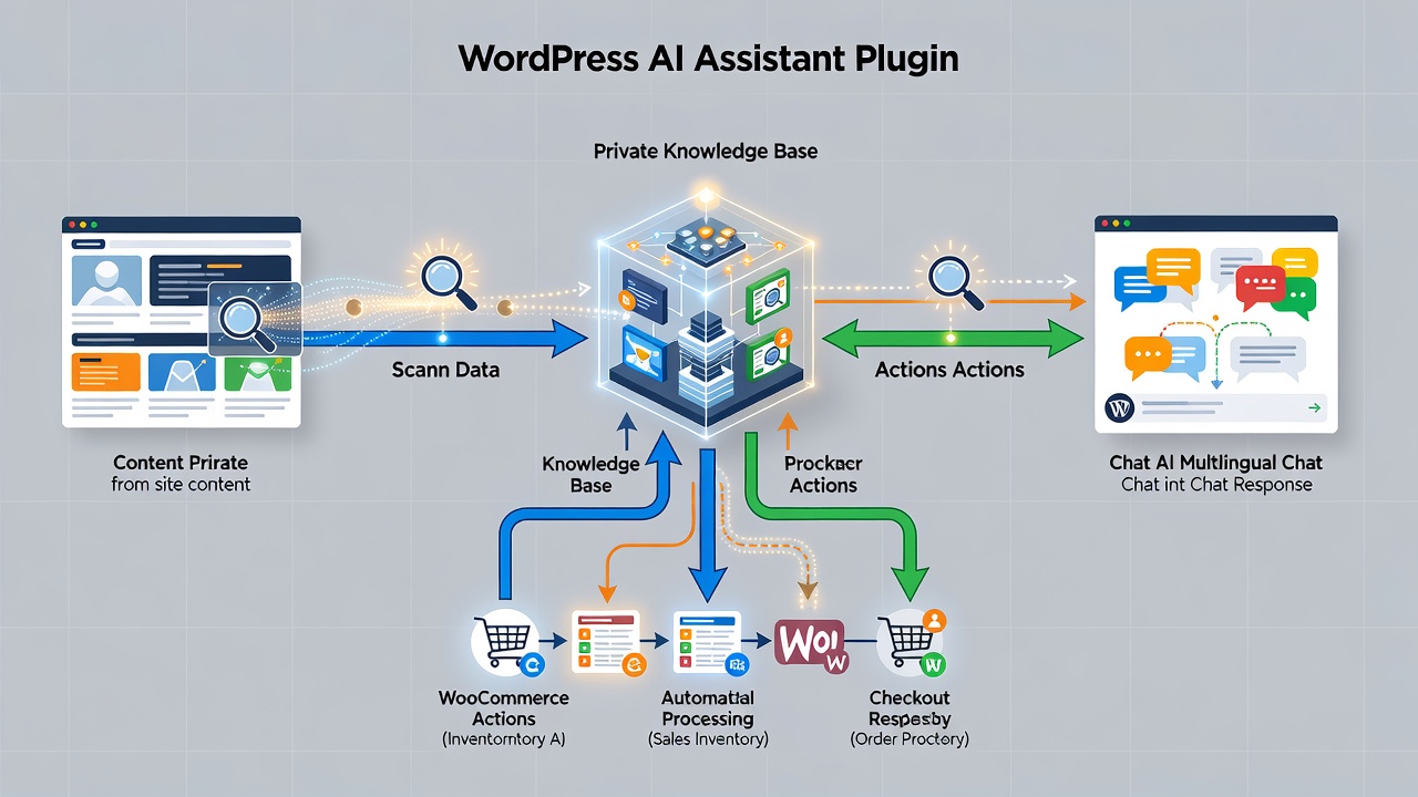 Clean technical flowchart showing the WordPress AI assistant plugin data flow from site content scanning through private knowledge base creation to WooCommerce sales actions and multilingual chat responses