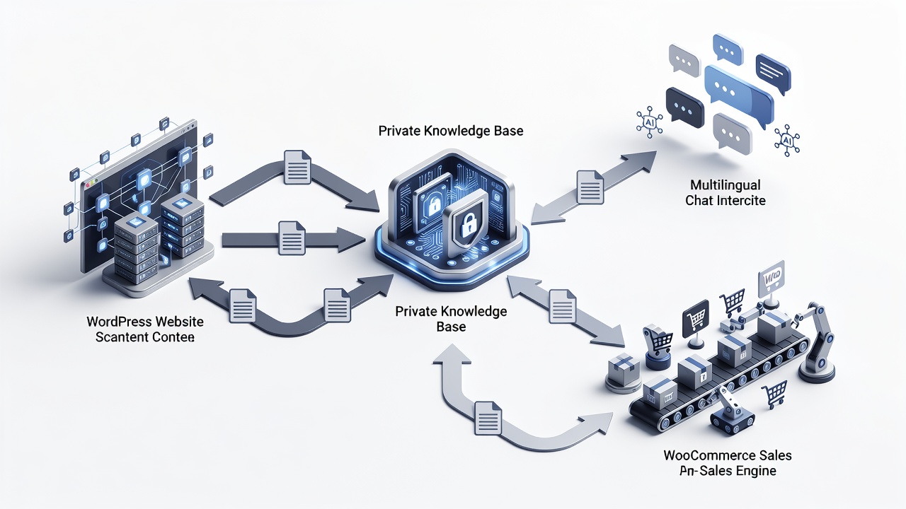 Clean technical flowchart showing the WordPress AI assistant plugin data flow from site content scanning through private knowledge base creation to WooCommerce sales actions and multilingual chat responses