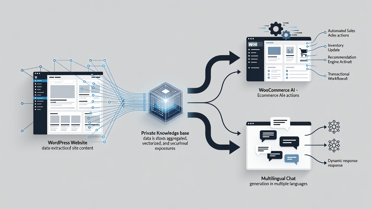 Clean technical flowchart showing the WordPress AI assistant plugin data flow from site content scanning through private knowledge base creation to WooCommerce sales actions and multilingual chat responses