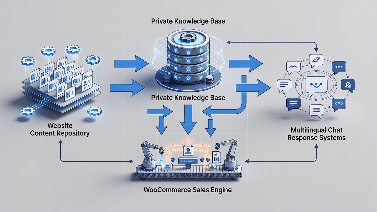 Clean technical flowchart showing the WordPress AI assistant plugin data flow from site content scanning through private knowledge base creation to WooCommerce sales actions and multilingual chat responses