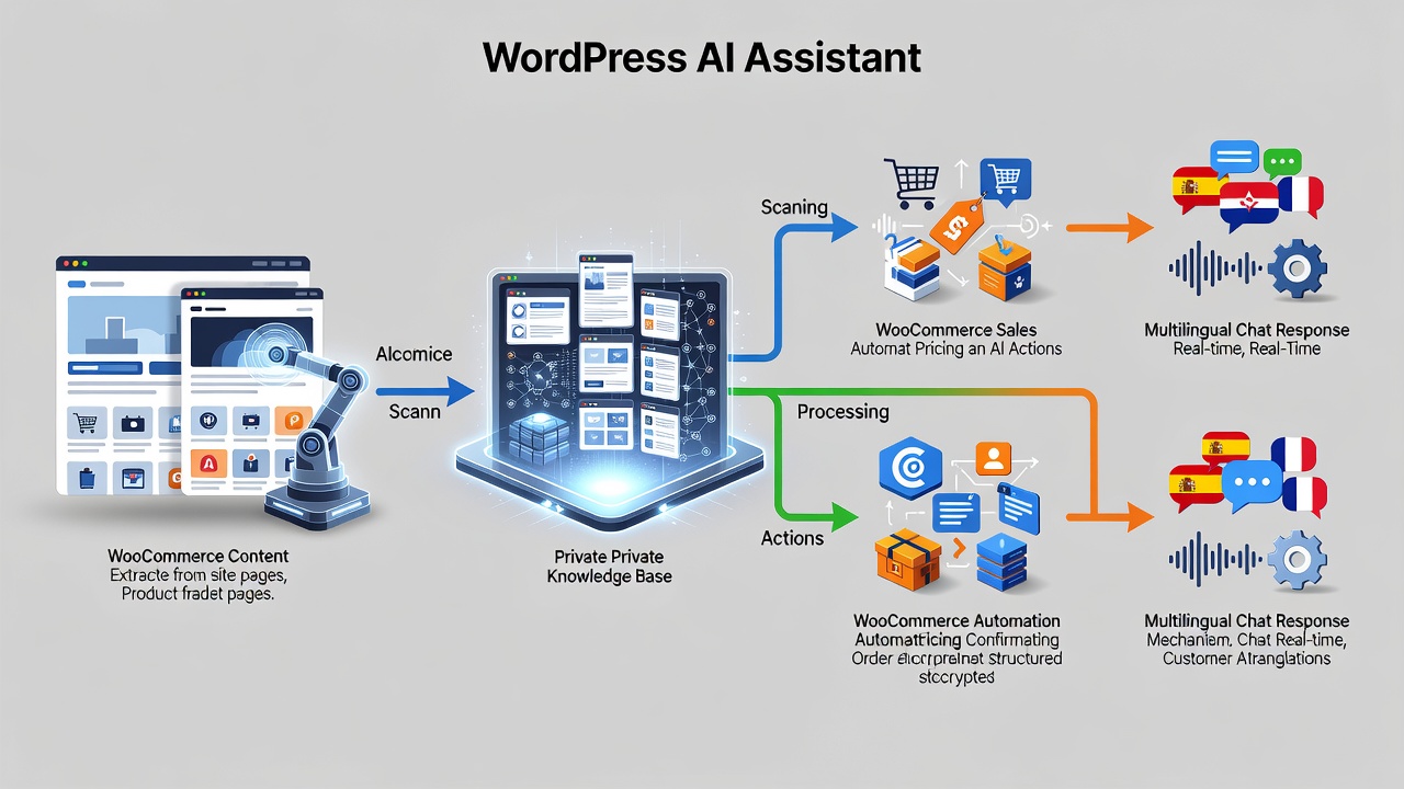 Clean technical flowchart showing the WordPress AI assistant plugin data flow from site content scanning through private knowledge base creation to WooCommerce sales actions and multilingual chat responses