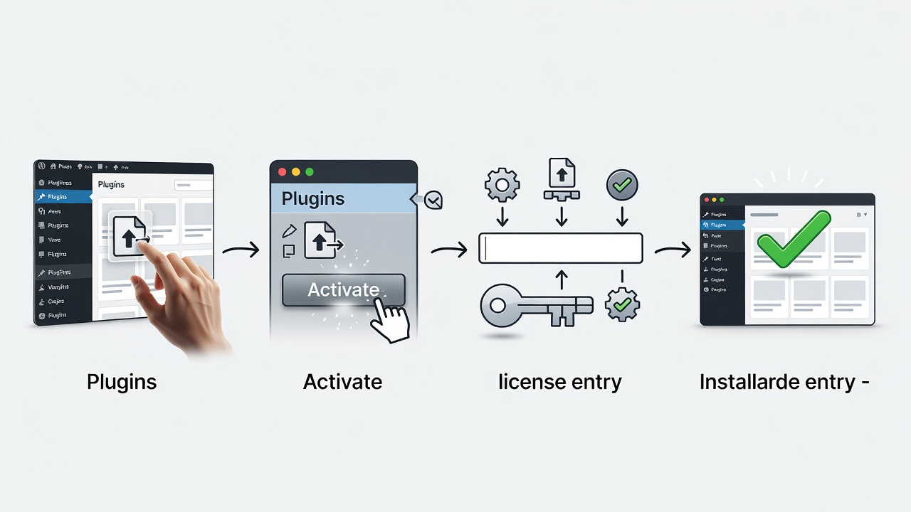 Detailed diagram showing the step-by-step flow of installing IntelliAgent AI plugin on WordPress dashboard, including upload, activation, and license entry.