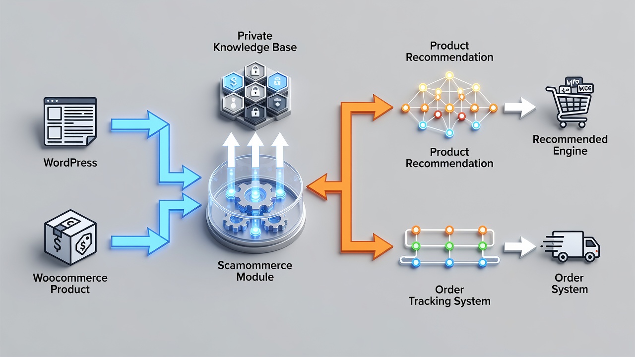 Educational workflow diagram illustrating how IntelliAgent AI scans WordPress pages and WooCommerce products, builds a private knowledge base, and enables sales actions such as product recommendations and order tracking inside the chat interface