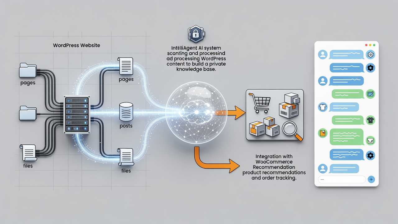 Technical diagram illustrating IntelliAgent AI scanning WordPress pages, posts, and files to create a private knowledge base, then connecting to WooCommerce for product recommendations and order tracking within the chat interface.