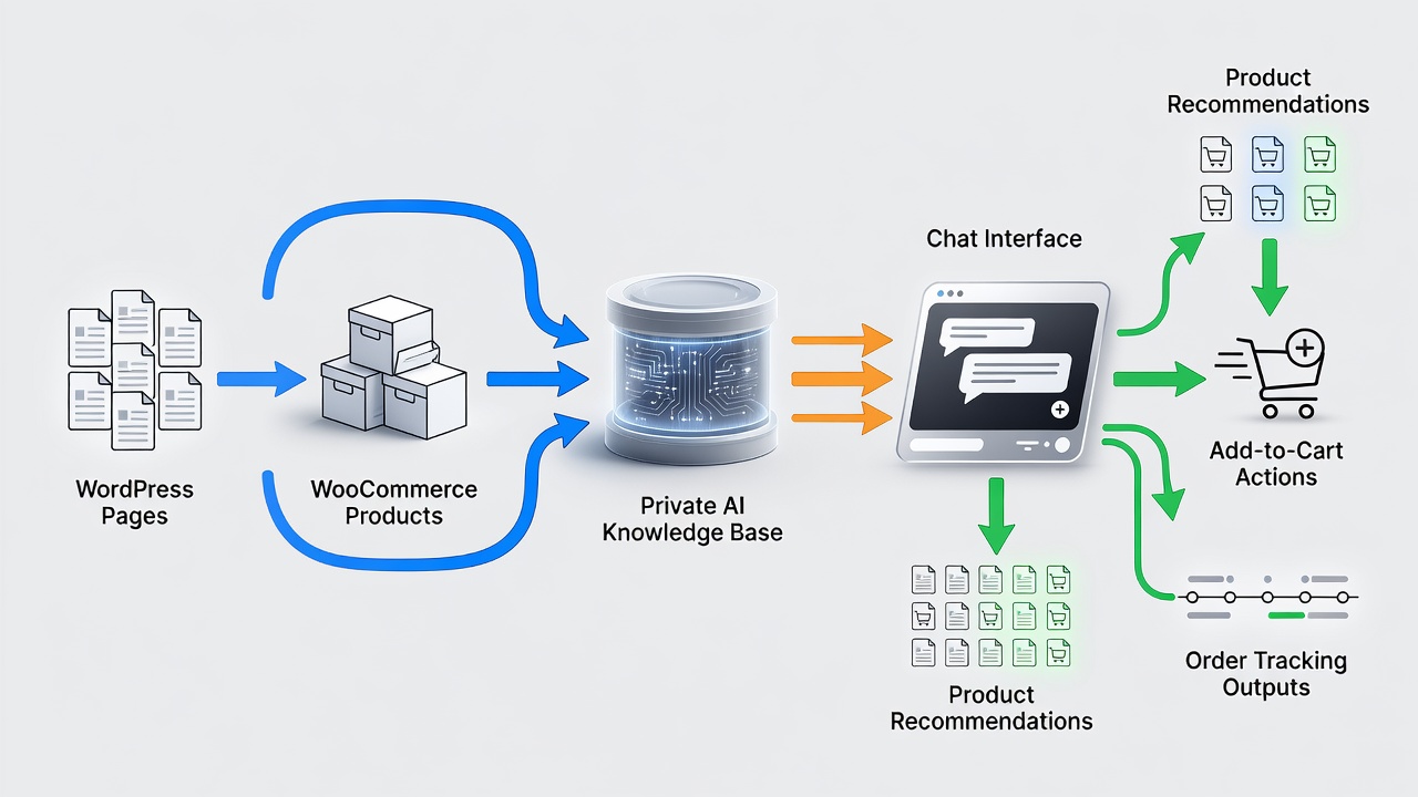 Technical diagram showing data flow from WordPress pages and WooCommerce products into a private AI knowledge base, then to chat interface with arrows indicating product recommendations, add-to-cart actions, and order tracking outputs