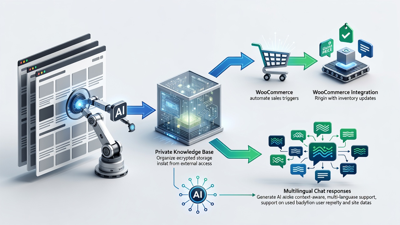 Technical flowchart illustrating the WordPress AI assistant plugin data flow from site content scanning through private knowledge base creation to WooCommerce sales actions and multilingual chat responses