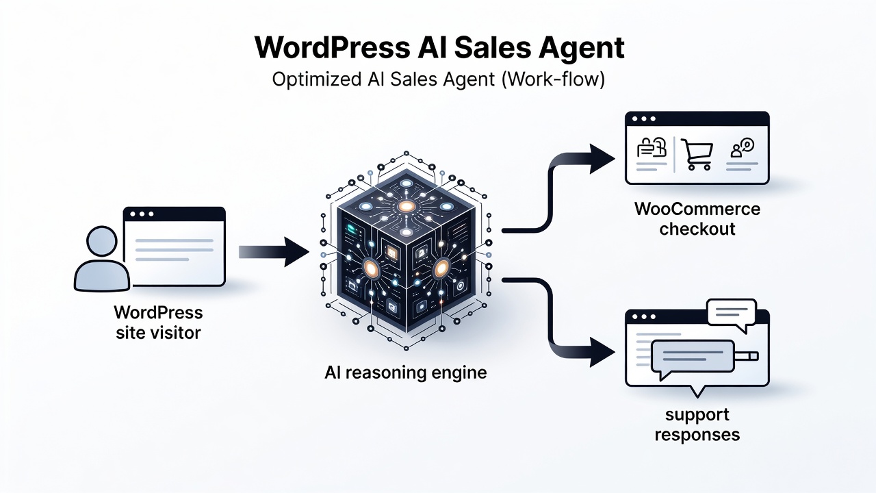 Clean technical diagram showing the wordpress ai sales agent plugin architecture with arrows flowing from WordPress site visitor to AI reasoning engine then to WooCommerce checkout and support responses