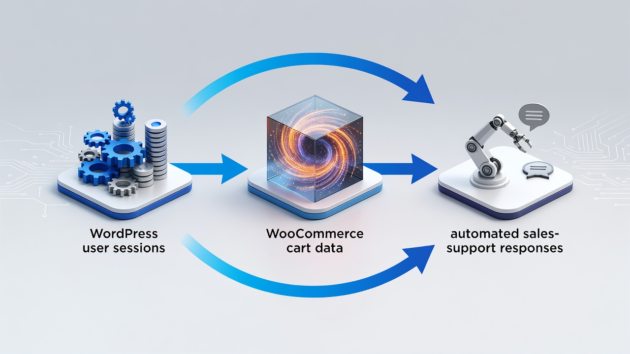 Technical diagram illustrating the intelligent reasoning engine workflow connecting WordPress user sessions, WooCommerce cart data, and automated sales-support responses in a single flow.
